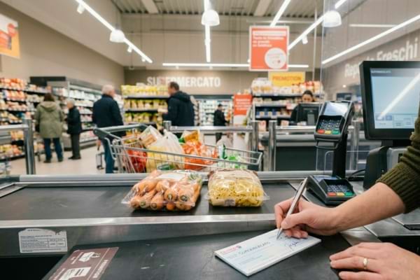 a hand filling out a bank check at a supermarket checkout counter,