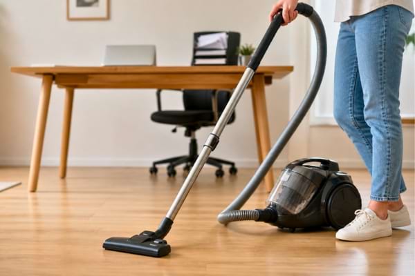 Une femme passant aspirateur