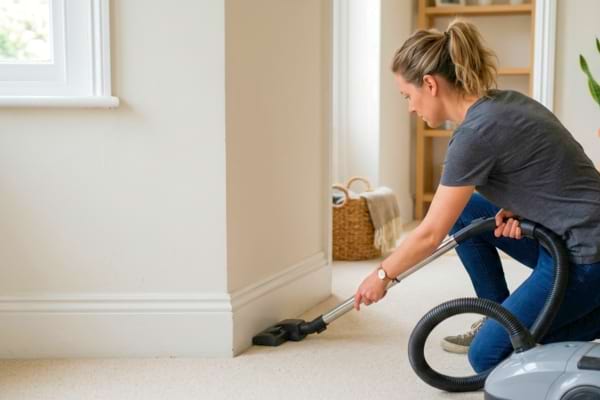 personne passant l&rsquo;aspirateur dans un angle de pi&egrave;ce pr&egrave;s d&rsquo;une plinthe