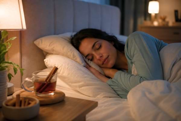 Une femme qui dort pr&egrave;s d'une tisane