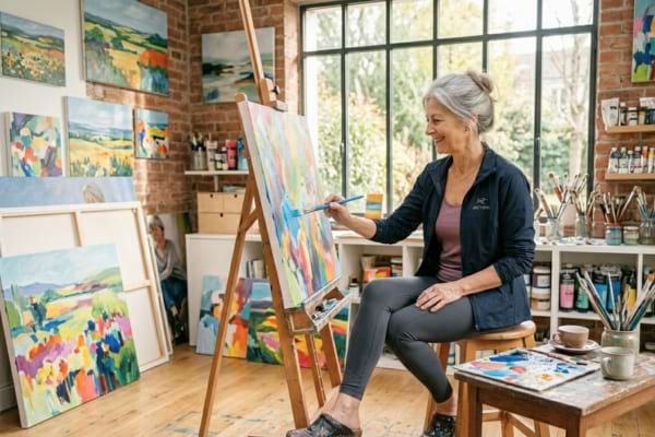 femme mature peignant dans un atelier artistique lumineux