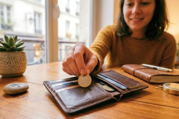 Une femme qui range de la monnaie dans un porte monnaie