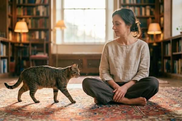Une femme qui observe un chat