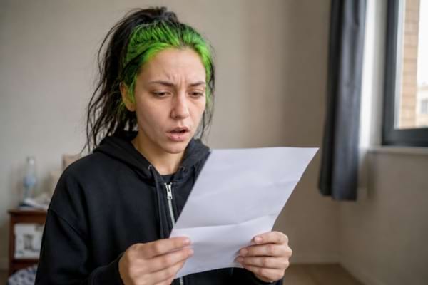 Une femme regarde une feuille l'air inquiet