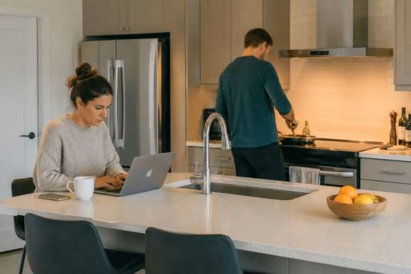 deux personnes dans une cuisine moderne. Aucune interaction visuelle, ambiance de routine quotidienne.