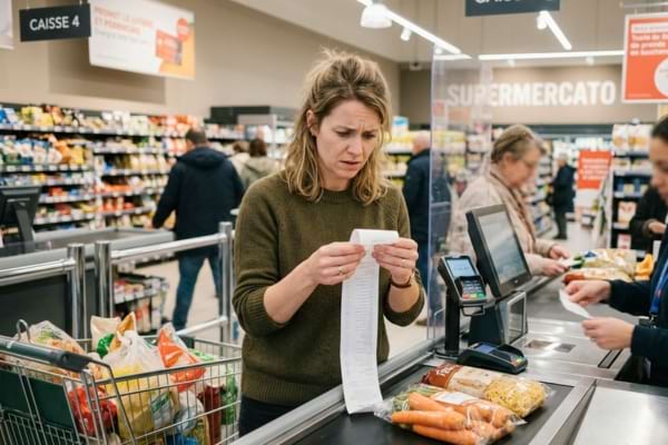 a worried person looking at a supermarket receipt at the checkout