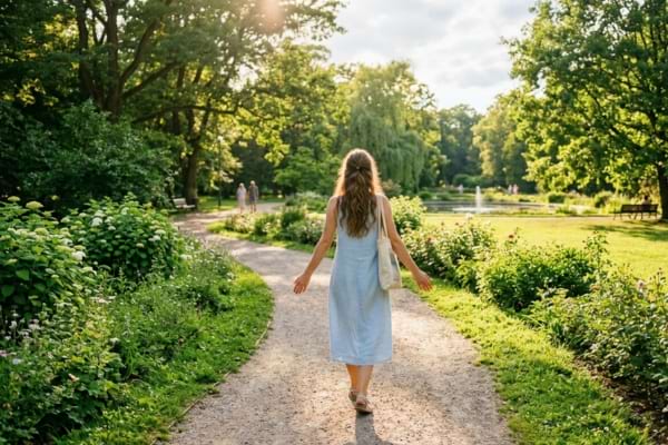 une personne marchant sereinement de dos dans un parc verdoyant et lumineux