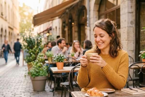 une personne souriante et d&eacute;tendue, buvant un caf&eacute; chaud &agrave; la terrasse d'un caf&eacute; convivial.