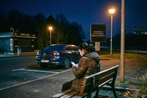 Une femme seule, assise sur un banc d'une aire d'autoroute d&eacute;serte sous un lampadaire