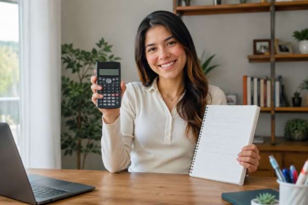 une personne souriante tenant une calculatrice et un carnet de notes