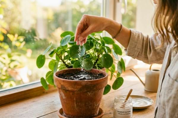 'une main saupoudrant d&eacute;licatement une poudre blanche au-dessus de la terre d'une belle plante