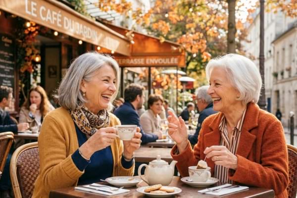 Deux personnes de 70 ans, élégantes et décontractées, assises à la terrasse d'un café ensoleillé.