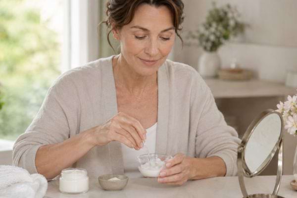Femme préparant un soin maison avec de la vaseline et du bicarbonate de soude dans un petit bol.