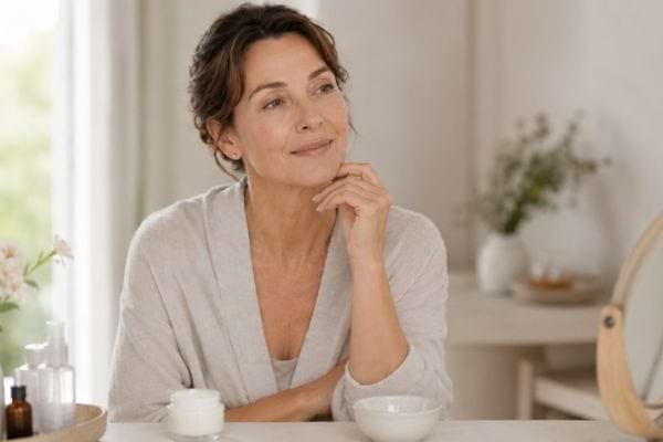 Femme assise devant sa coiffeuse avec un soin maison, réfléchissant aux bienfaits et aux limites de cette astuce beauté.