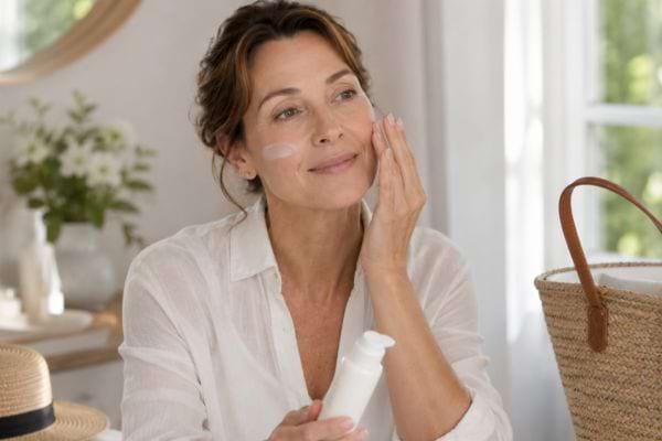 femme appliquant une crème solaire sur son visage pour protéger sa peau contre les rides liées au soleil.