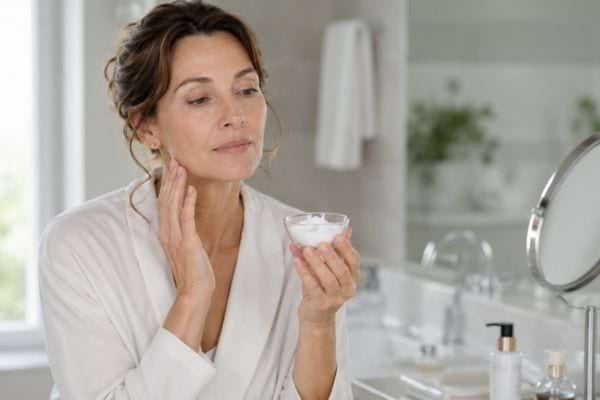 Femme appliquant une petite quantité de vaseline sur sa joue pour hydrater une peau