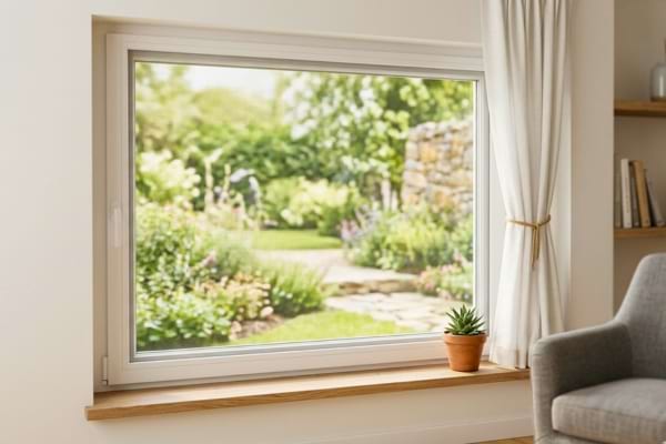 fen&ecirc;tre &eacute;quip&eacute;e d&rsquo;une moustiquaire fine, vue sur un jardin,