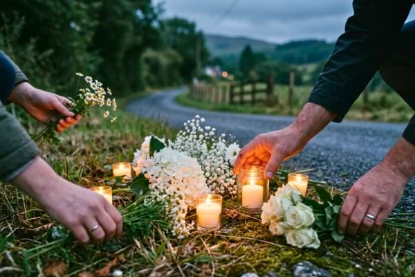 Des mains anonymes d&eacute;posant d&eacute;licatement des fleurs blanches et des bougies allum&eacute;es sur le bord d'une route