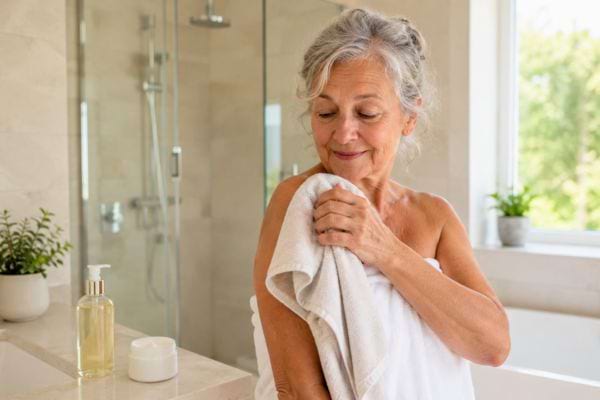Femme senior s&eacute;chant son &eacute;paule avec une serviette.