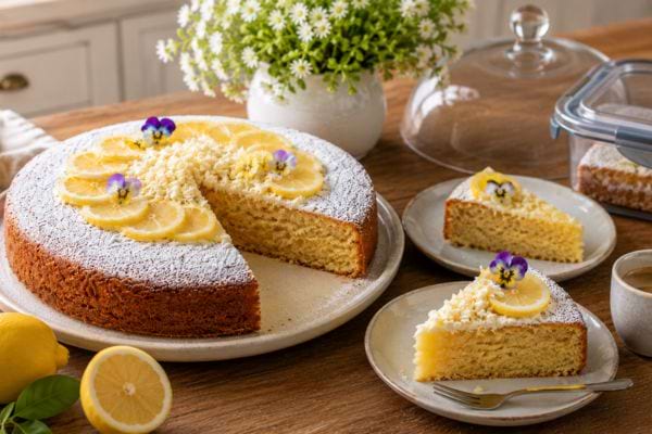 Gâteau italien au citron sans farine servi en parts avec café,