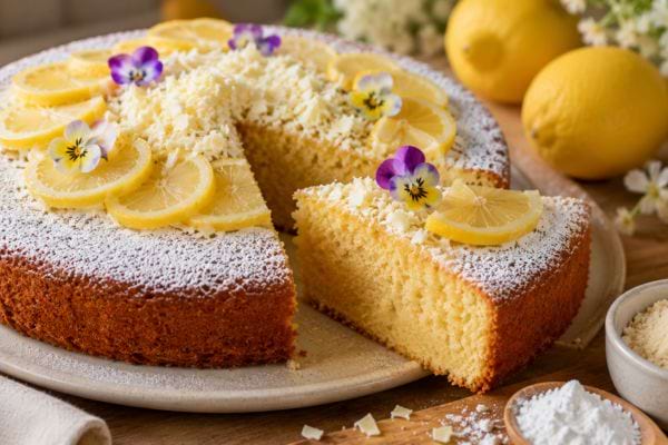 Part de gâteau citronné sans farine révélant une mie moelleuse