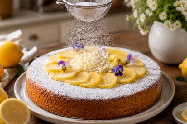 Sucre glace saupoudré sur un gâteau italien au citron décoré de rondelles de citron