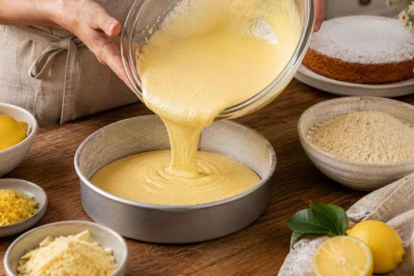 Pâte citronnée versée dans un moule rond pour préparer un gâteau italien sans farine