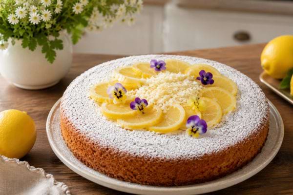 Gâteau italien au citron sans farine décoré de rondelles de citron, fleurs comestibles et sucre glace
