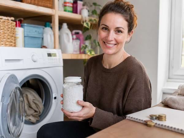 Une femme sourit avec un bocal de gros sel près de sa machine