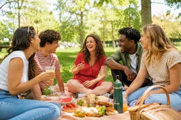 un groupe d'amis riant autour d'un pique-nique dans un parc verdoyant
