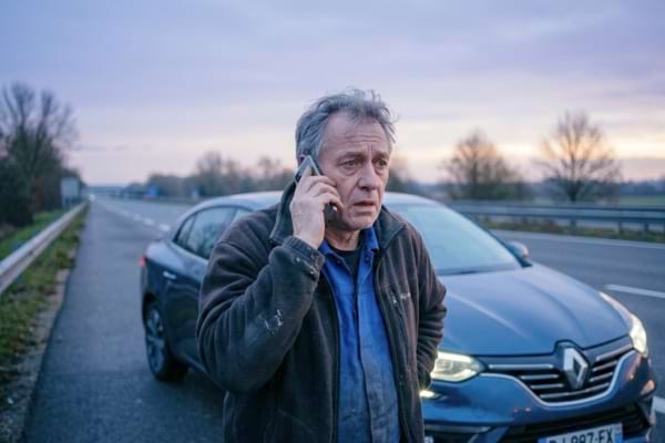 homme d'une soixantaine d'ann&eacute;es, l'air paniqu&eacute; et fatigu&eacute;, tenant son smartphone pr&egrave;s de sa voiture