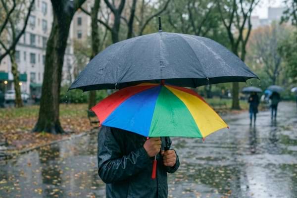 Un grand parapluie noir ouvert prot&eacute;geant un autre parapluie plus petit