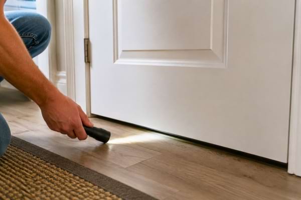 un bas de porte avec un l&eacute;ger espace visible, personne inspectant avec une petite lampe