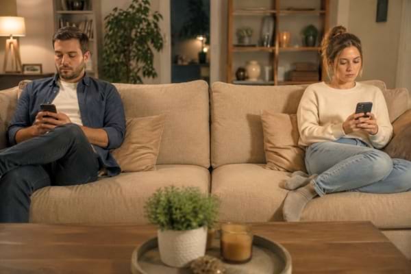 un couple assis sur un canapé confortable. Chacun regarde son propre smartphone