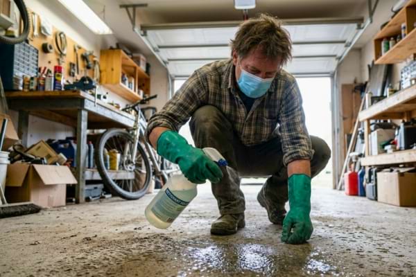 A person wearing a simple paper mask and thick rubber gloves, using a spray bottle to wet the floor of a dusty garage before cleaning