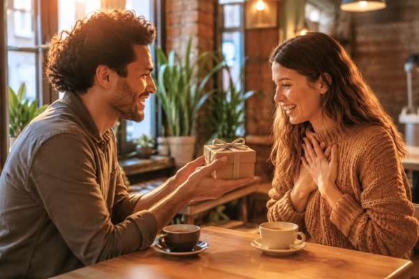 deux personnes discutant joyeusement autour d'un café. L'une offre un cadeau à l'autre