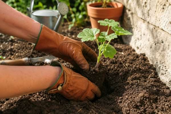 mains portant des gants de jardinage en cuir, plantant délicatement un jeune plant de rose trémière