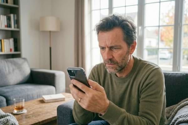 un homme inquiet au t&eacute;l&eacute;phone dans son salon, regardant l'&eacute;cran de son smartphone avec suspicion