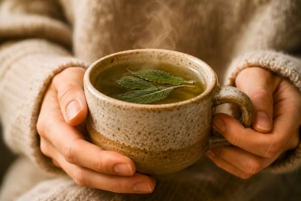 une tasse en céramique artisanale remplie d'une tisane fumante.