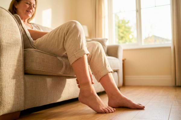 Femme assise sur un canap&eacute; se tenant la cheville avec douleur