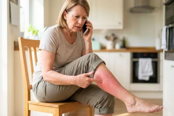 Femme inqui&egrave;te au t&eacute;l&eacute;phone montrant une jambe rouge et gonfl&eacute;e