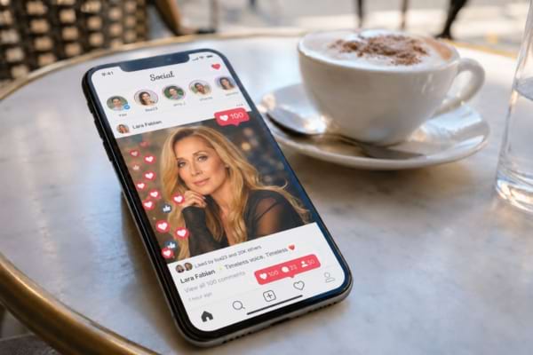 Lara Fabian sur un &eacute;cran de smartphone sur les r&eacute;seaux sociaux