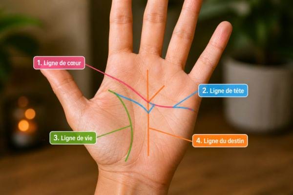 Paume de main avec lignes color&eacute;es annot&eacute;es, montrant c&oelig;ur, t&ecirc;te, vie et destin