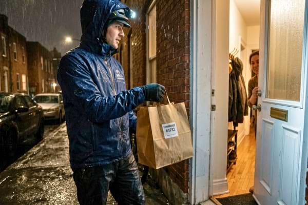 Un livreur &agrave; v&eacute;lo sous une pluie fine, tendant un sac en papier kraft