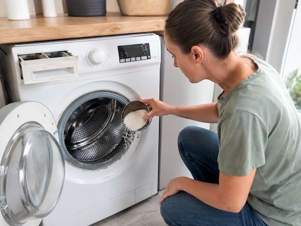 Une femme verse du gros sel dans le tambour vide de son lave-linge
