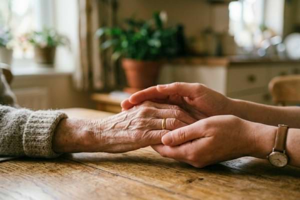 Une main jeune enveloppant doucement les mains p&acirc;les et froides d'une personne &acirc;g&eacute;e