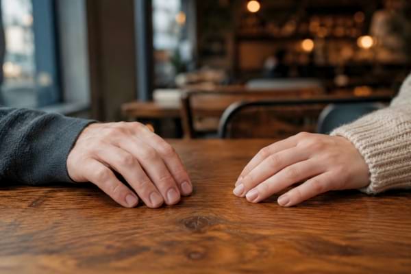 deux mains posées sur une table en bois de café.