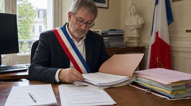 Maire examinant un dossier de mariage dans son bureau