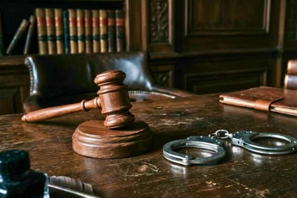 un marteau de juge en bois pos&eacute; &agrave; c&ocirc;t&eacute; d'une paire de menottes en m&eacute;tal sur un bureau sombre