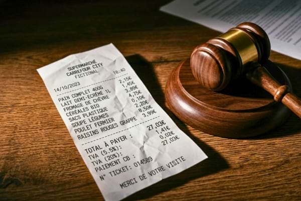 ticket de caisse de supermarché froissé posé sur une table en bois sombre, à côté d'un petit marteau de juge